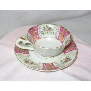 Teacup and Saucer Japanese Roses with gold leaf kitchenware dainty floral pink